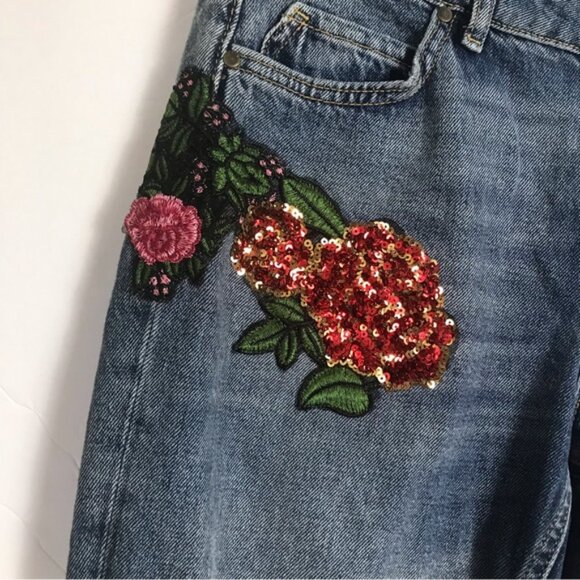 Zara Boyfriend Floral Embroidered Sequins High Rise Jeans Distressed  Roses 2 - Picture 6 of 15